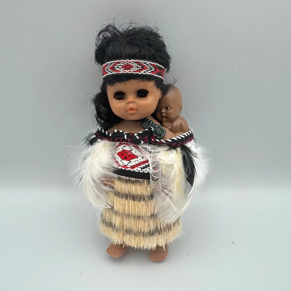 Maori Mother and Baby Doll Traditional Attire Feather Skirt Headband